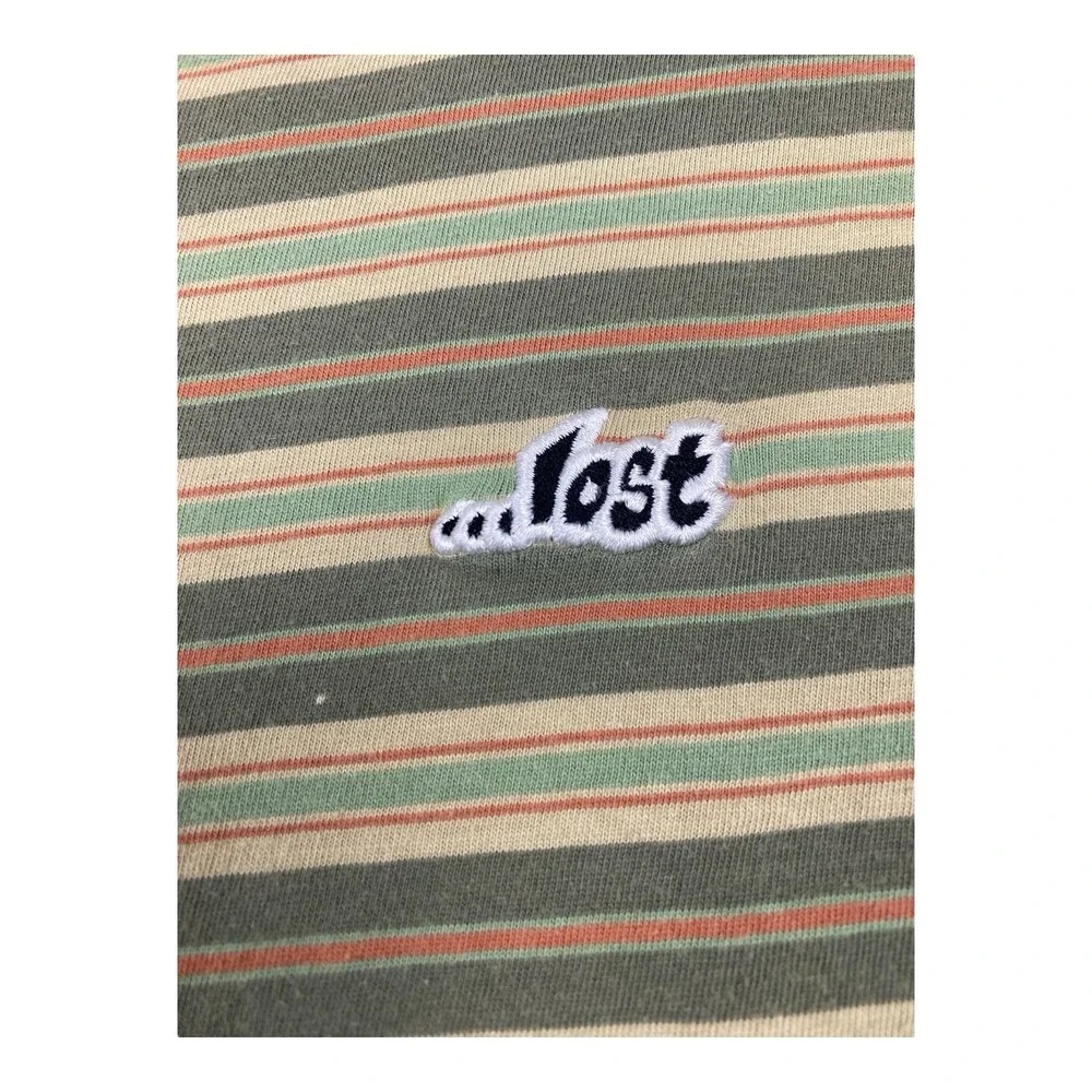 VTG‎ Lost T-Shirt Men LARGE Green Stripe Logo Embroidered Streetwear Skater Y2K